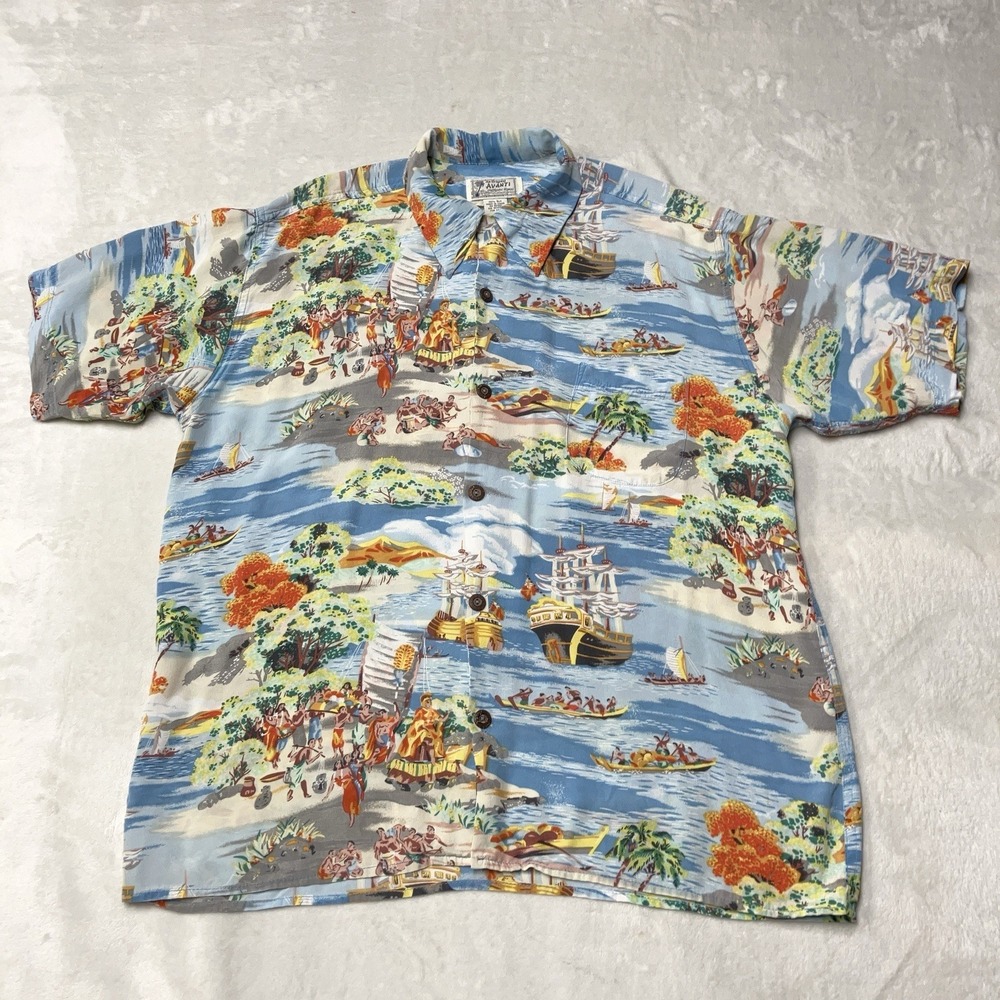 Vintage Avanti Hawaiian Aloha Shirt 100% Silk Loop Collar Beach Colorful Mens L